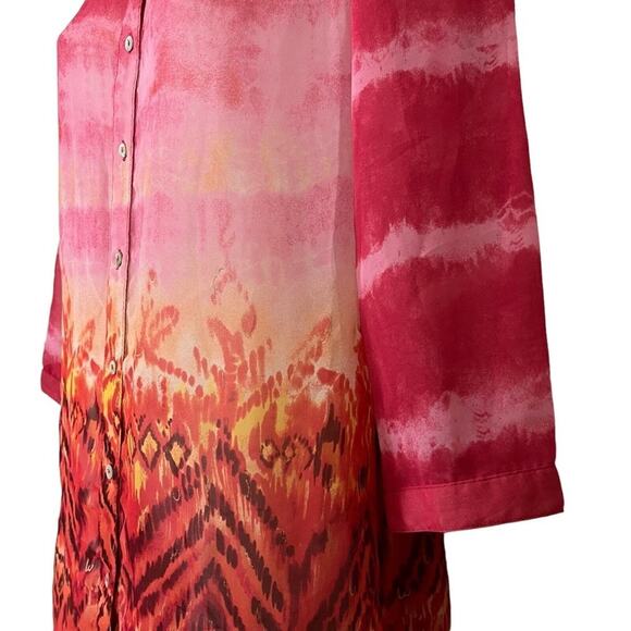 Chicos Pink Orange Button Down Sheer 3/4 Sleeve Long Line Top Shirt Blouse 0/ S - Picture 5 of 15